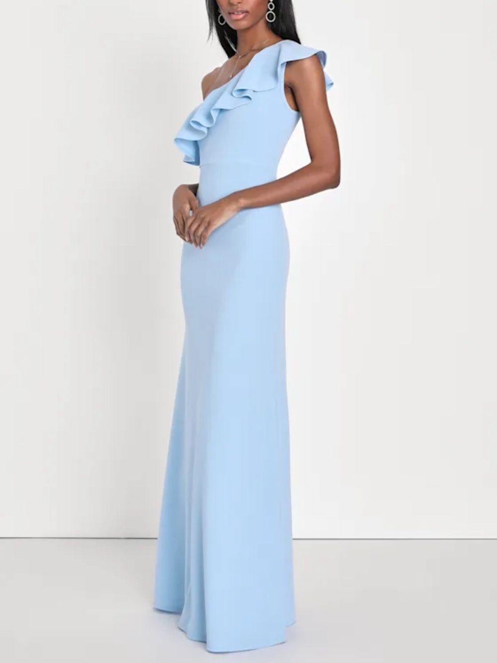 Lulu’s Last Forever Powder Blue One-Shoulder Ruffle Maxi Dress NWT